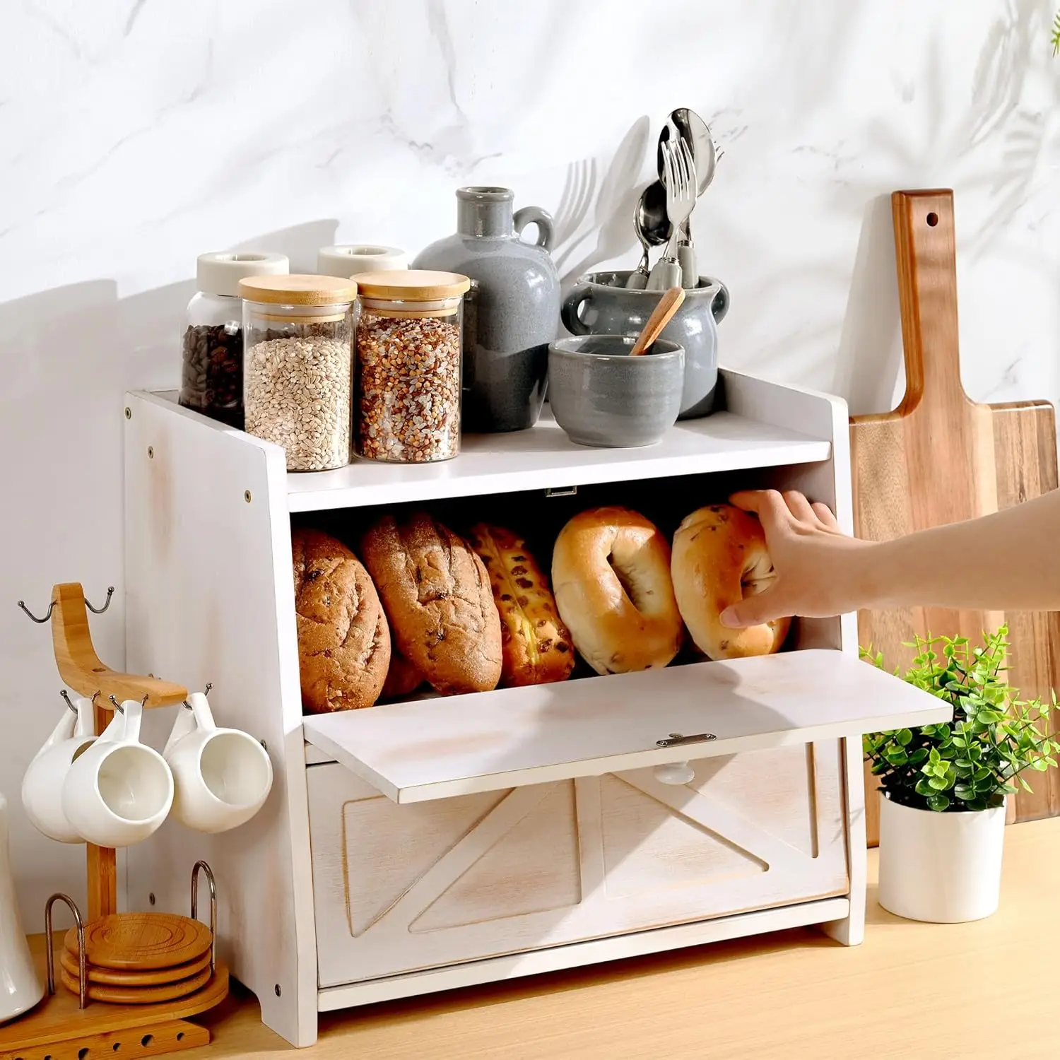 Vintage Double Layer Bamboo Bread Box, Large Capacity Kitchen Storage Container for Homemade Bread (White)