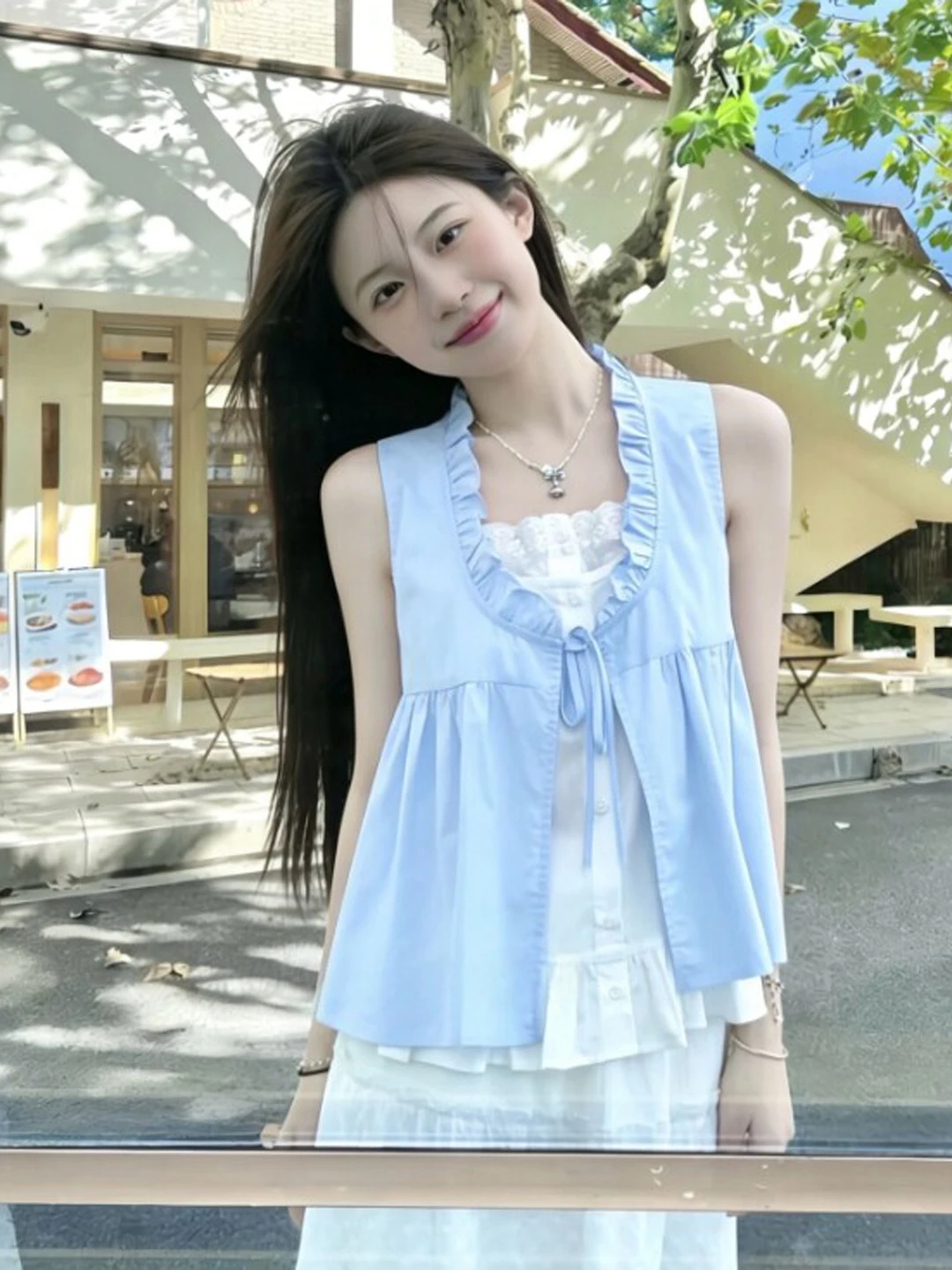 

Gentle Wind Design Sensation Beautiful Fake Two-Piece Shirt Small Size Summer Fashionable V-Neck Sleeveless Women's Shirt