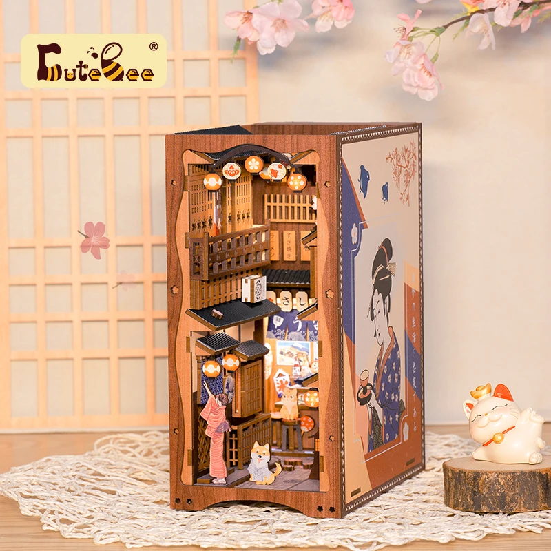 CUTEBEE DIY Book Nook Kit Japanese Cherry Blossoms Miniature Dollhouse Book Nook  for Christmas Gifts