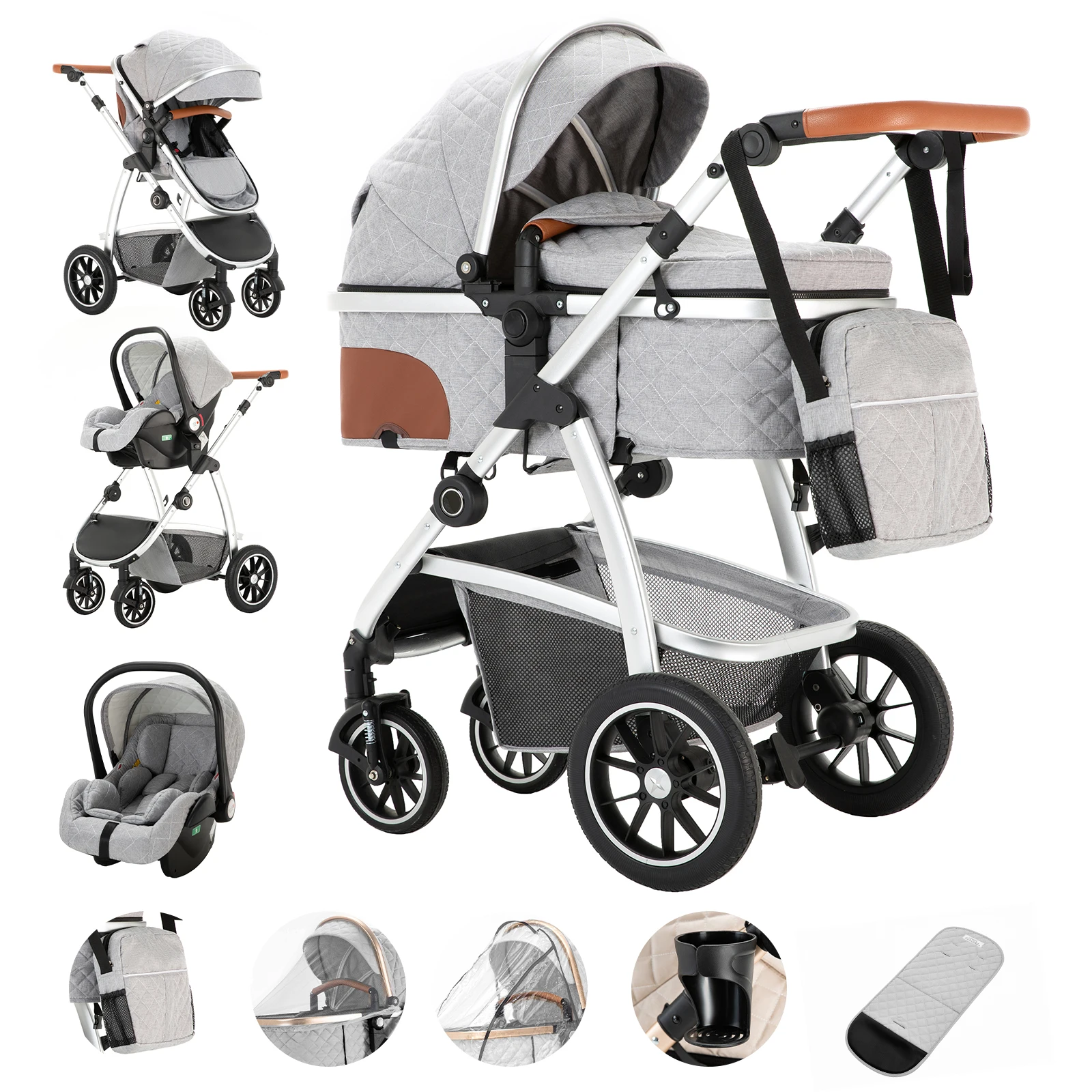 3-in-1 kinderwagen Reiskinderwagen met in hoogte verstelbaar handvat Reiskinderwagen met klamboe Kinderwagen met aluminium frame