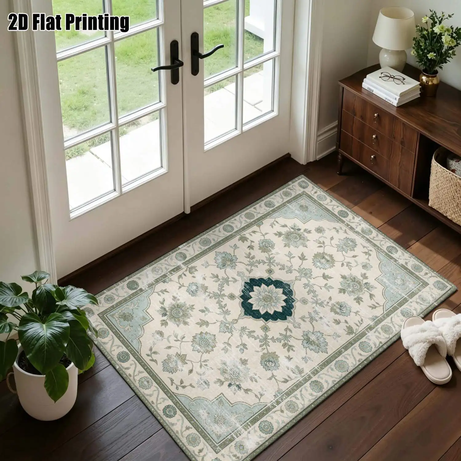 1Pc 2D Printed Carpet: Beige, Blue Green Floral, Vintage European, Bohemian, Geometric Striped, Modern Simple Styles Home Decor, Multi-Size, Machine Washable, for Entryway, Dining Room, Foyer, Bedroom, Living Room.