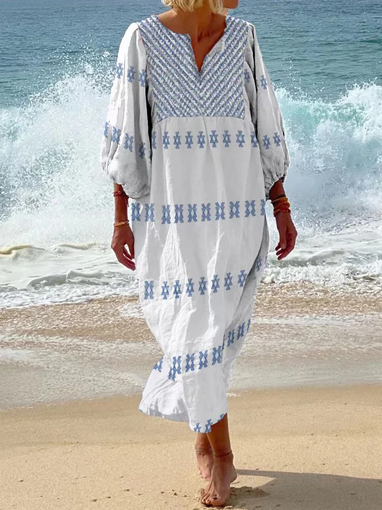 O Neck Beach Style Fashion Maxi Dress, Women Spring Summer Three Quarter Sleeve Party Dress, 2025 New Loose Printed Ladies Dress