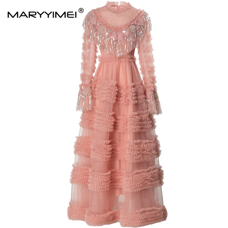 

MARYYIMEI Autumn Women's Dress Flared Sleeve Beading Sequins Tassel Edible Tree Fungus Edge Gorgeous Ball Gown Dresses