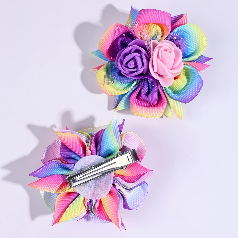 2pcs/Pack Kids\' Rainbow Gradient Woven Ribbon Foam Flower Hair Clips, Children\'s Hair Accessories Hair Clips Hairbows for Girls