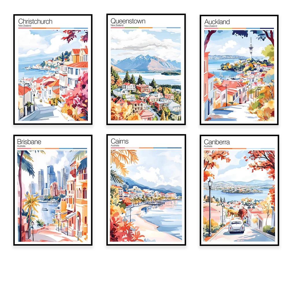 

Cairns, Adelaide, Queenstown, Australia Perth, Melbourne, Ghana Gold Coast, Auckland, New Zealand, Canberra travel posters