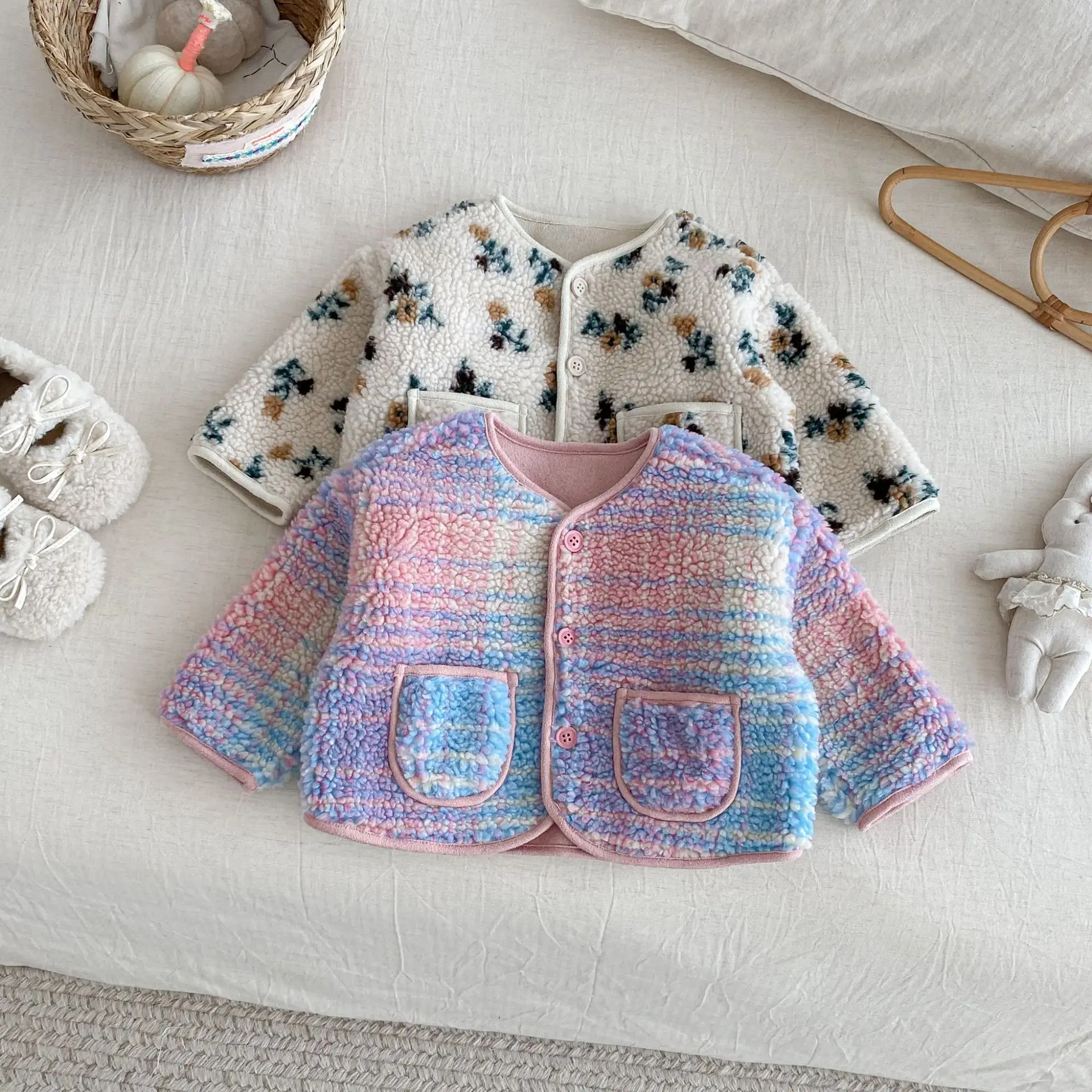 Children's Cashmere Coat 2025 Winter New Korean Girls Jacquard Padded Coat 0-5Year Baby Floral Coat Outerwear