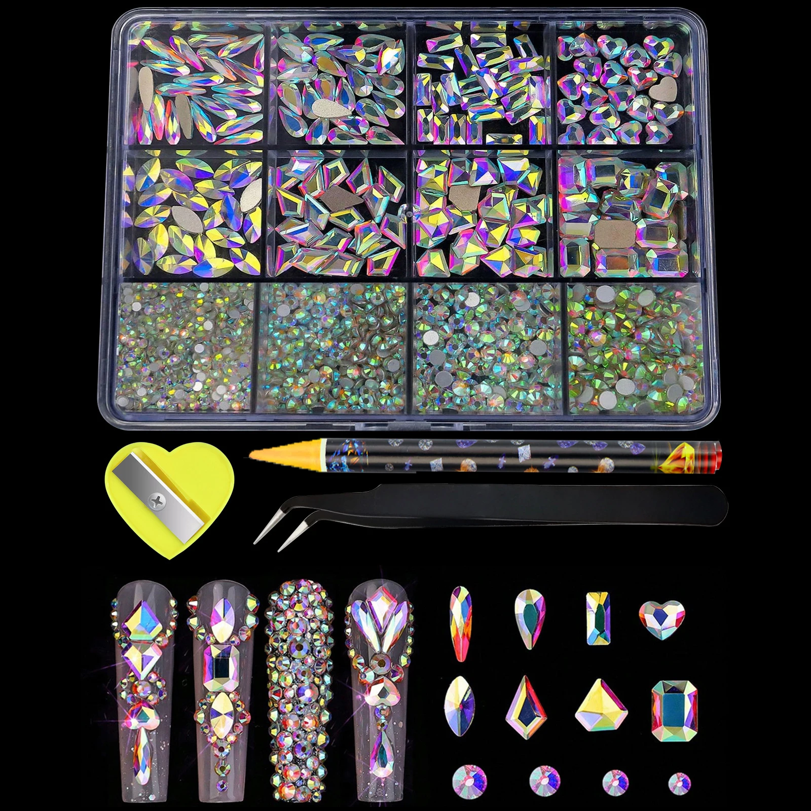 12Grids 3D Nail Art Rhinstones Mixed Heart/Round/Drop Flat Bottom Glass Diamond Nails Charms Decoration DIY Manicure Accessories