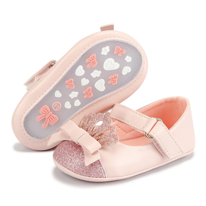 Baby Girls Flats Princess Shoes Bowknot First Walkers PU Leather Sequins Crown Prewalkers Non-Slip Soft Sole Newborn Shoes