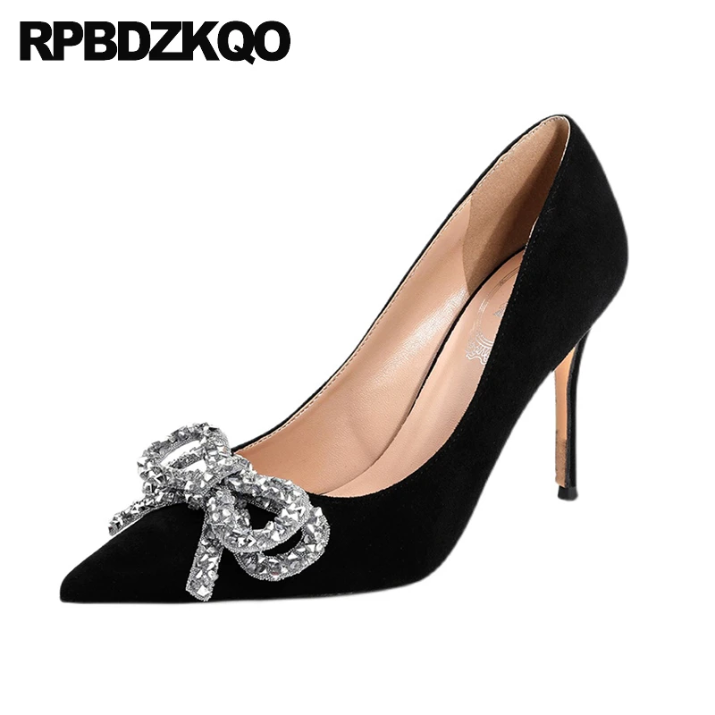 

Big Size Small Stiletto Diamond Bowtie Ultra High Heels Women Bow Knot Shoes Jewel Pointed Toe Rhinestone Pumps Slip On Suede 33