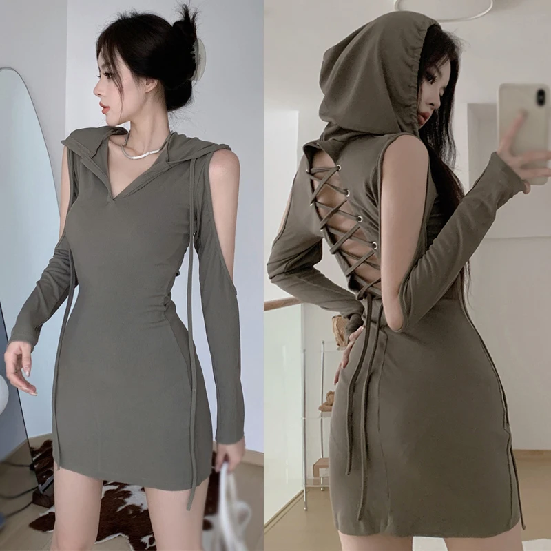 Summer Hooded Dresses Y2k Punk Hollow Out Mini Dress Women Sexy Streetwear Party Elegant Dresses