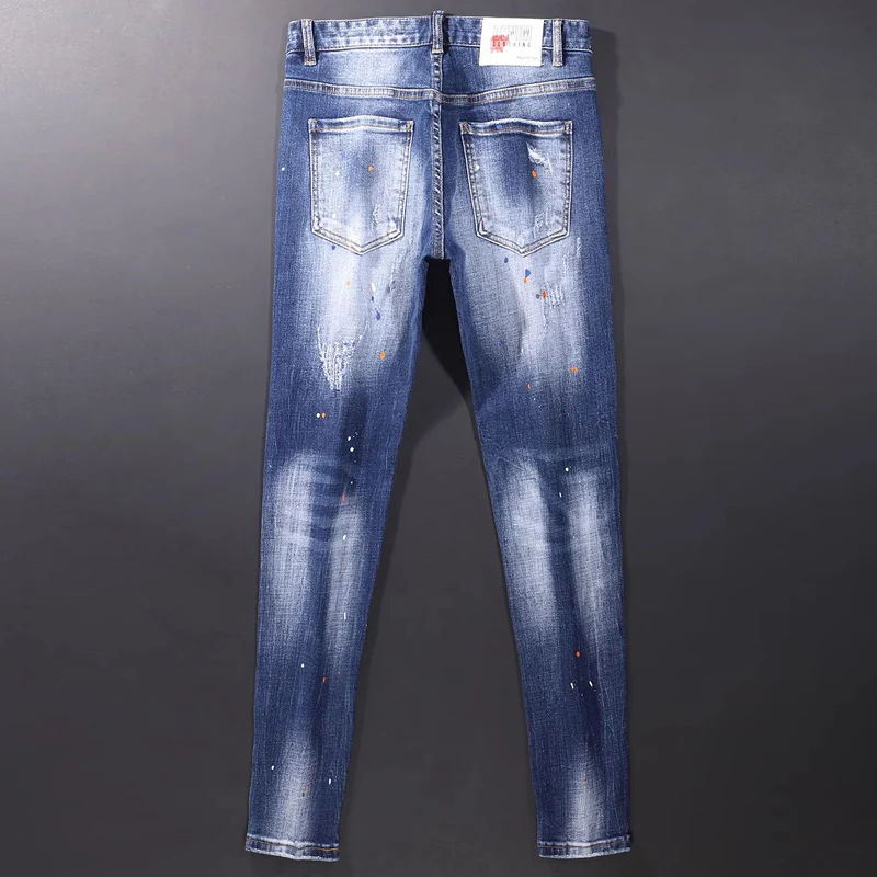 Fashion Designer Men Jeans Retro Washed Blue Elastic Stretch Slim Fit Ripped Jeans Men Painted Vintage Denim Pencil Pants Hombre