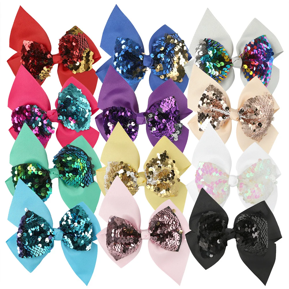 12 Pcs Glitter Bowknot Hair Bow Clips Bow Tie Lovely Colorful Rose Flower Ribbon Barrettes Hairpins Hair Accessories for Kids Te