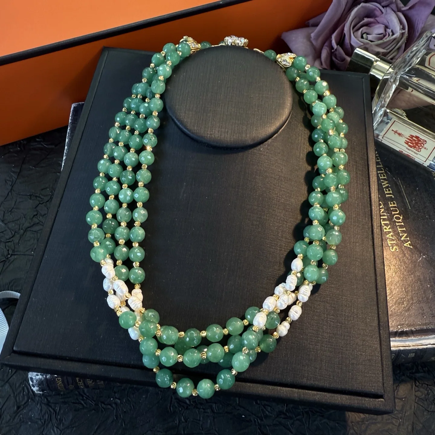 4rows green jade faceted round white freshwater pearl necklace woman's jewelry