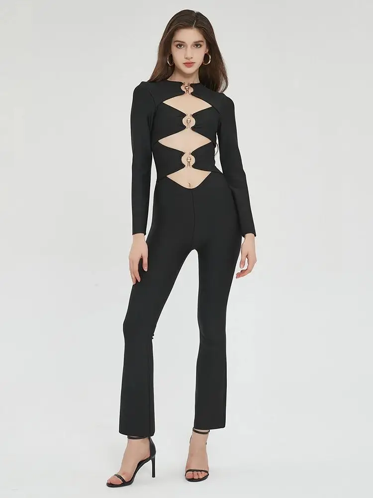 Ailigou 2023 New Women's Long Sleeve Sexy Round Neck Hollow Tight Bandage Jumpsuit Sexy Metal Ring Club Evening Elegant Clothing