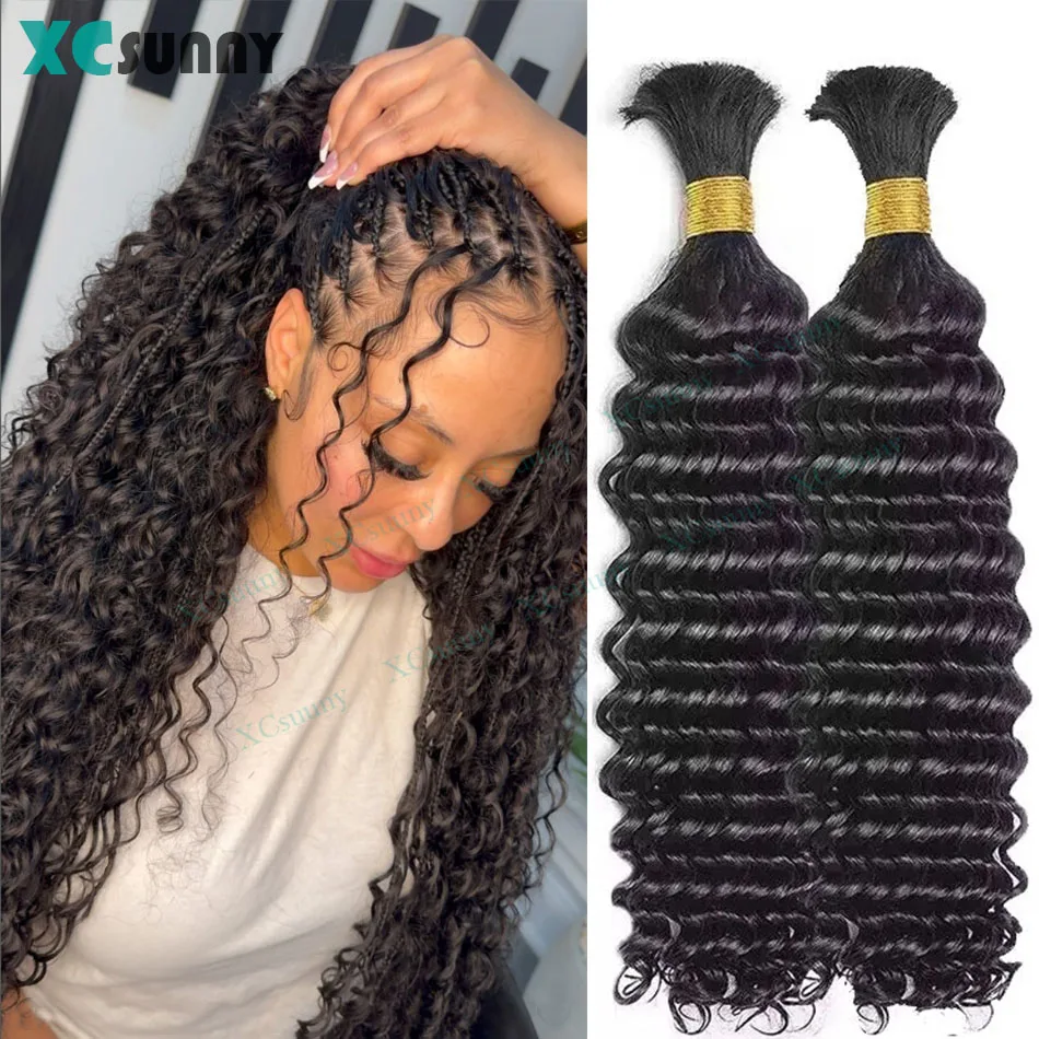 Cabelo humano em massa para trança, onda profunda, duplo desenhado, encaracolado, Boho, tranças sem nós, tranças de trança, sem trama