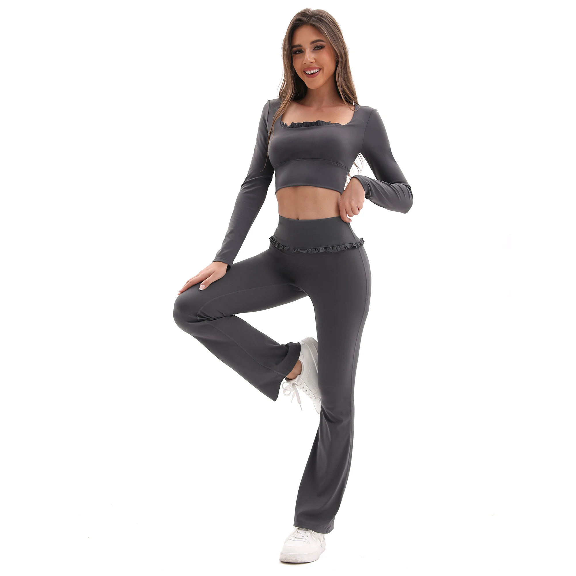 Nieuwe collectie dames bloemenkant set hoge taille flare broek U-hals top 4-weg stretch yoga-outfit voor fitness woon-werkverkeer de hele dag