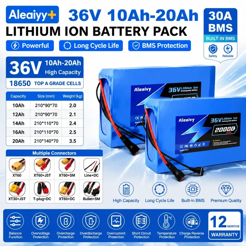 Aleaivy 36V Lithium Battery Pack 10Ah 14Ah 16Ah 20Ah 10S4P 10S6P High Power for Electric Motorcycle Scooter 250W 1500W with