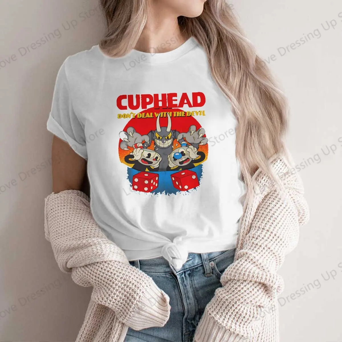 Cuphead Mugman Dont Deal With The Devil Casual T Shirt  High Quality LooseWoman's Tops Unique Summer Women's clothing