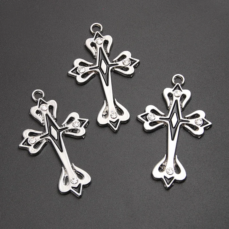 5pcs Silver Color 51x31mm Crystal Cross Charms Jesus Faith Pendant For DIY Handmade Metal Alloy Jewelry Making Finding Supplies