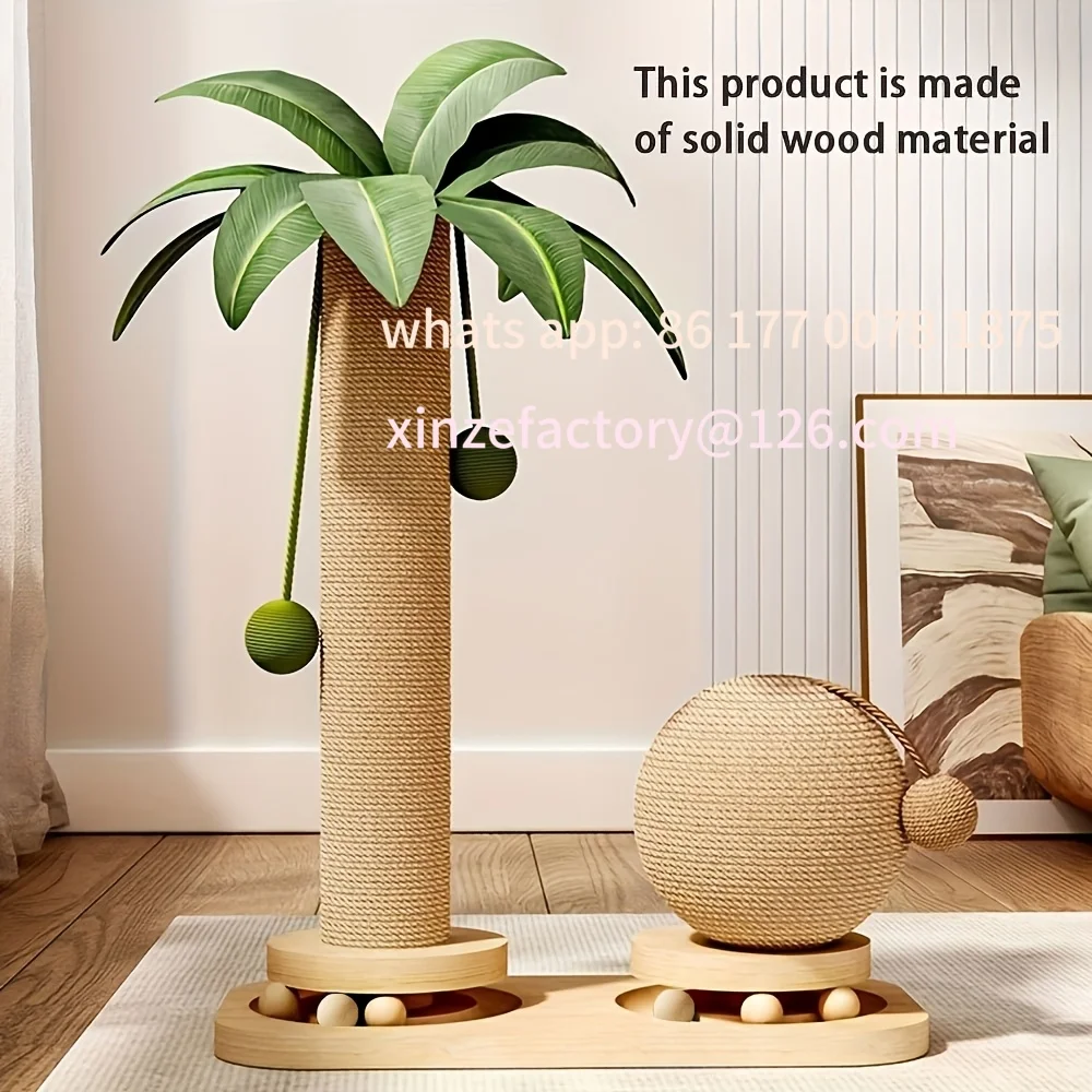 Customizable Coconut Tree Cat Scratching Post & Play Tower, 2-in-1 Sisal & Solid Wood Cat Activity Tree with Hanging Balls