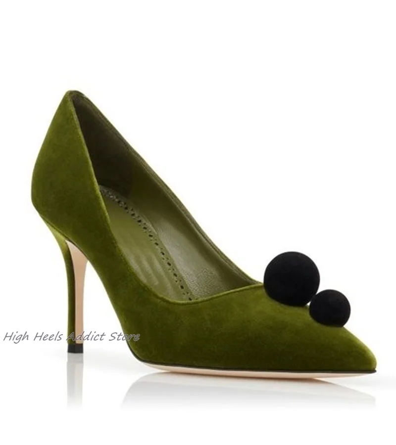 Suede Pointed Toe Hairball Pumps Elegant Shallow High Heels Luxury Designer Stilettos 2024 New Big Size Party Shoes for Women