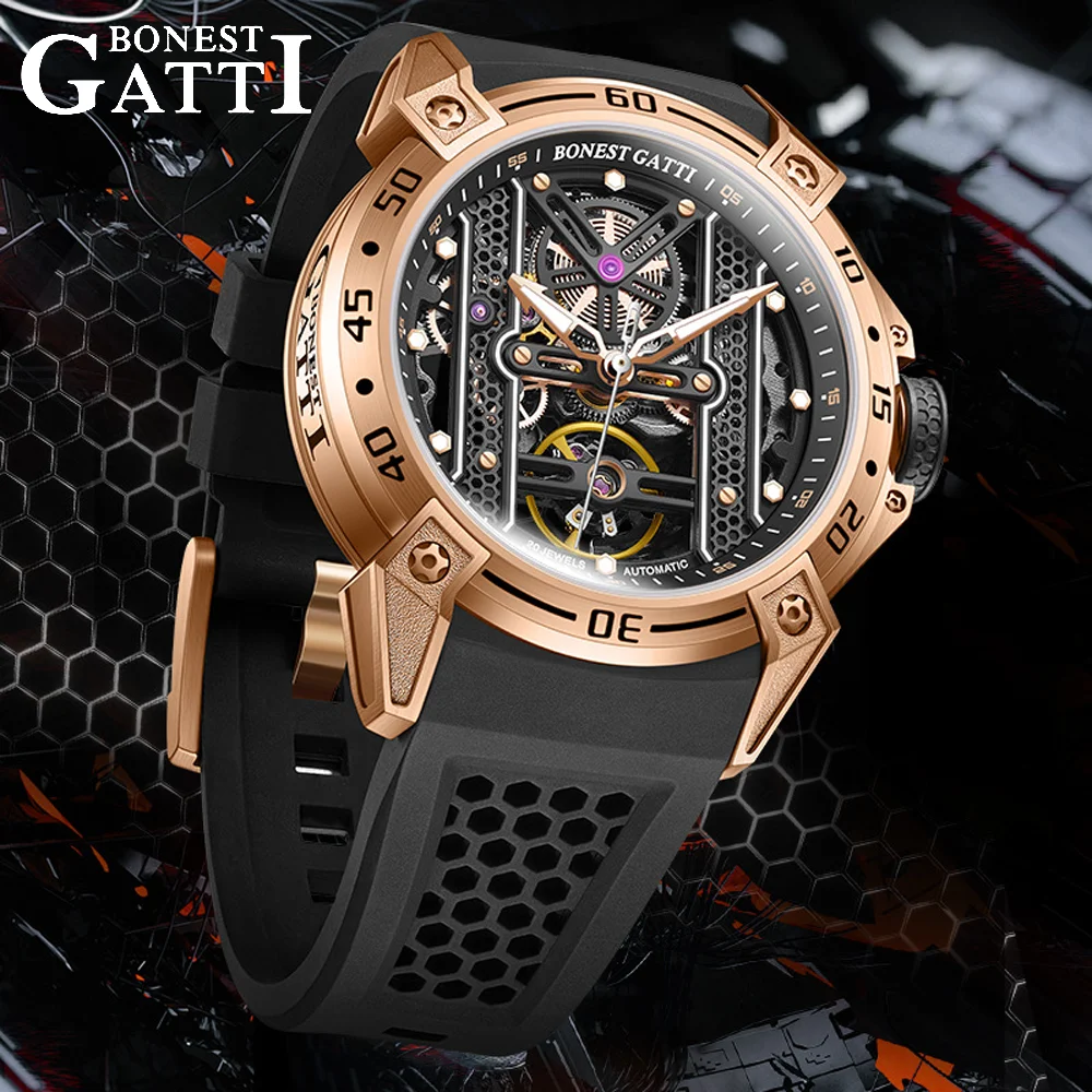 BONEST GATTI Men Automatic Luxury Watches Vintage Mechanical 5Bar Skeleton Sapphire Luminous Rubber Starp German Design - Image 2