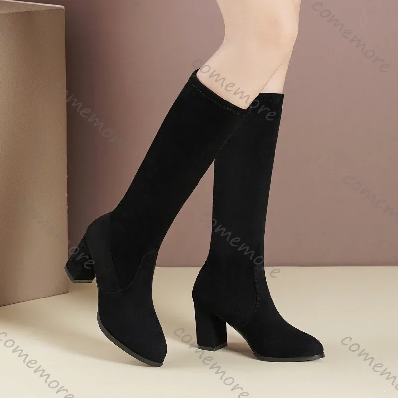 Comemore Women Boots Winter black Knee High Boots New Comfort Chunky High Heels Shoes Fashion Warm Suede Round Toe Long Boots