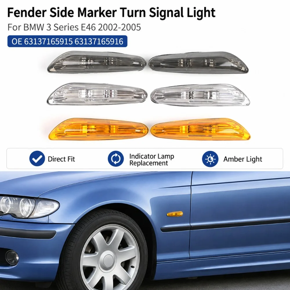 Fender Side Marker Turn Signal Light For BMW 3 Series E46 2002-2005 Indicator Lamp Replacement 63137165915 63137165916 Car Parts