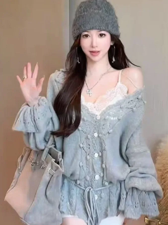 Atasan Kardigan Terbuka Rajutan Longgar Pakaian Rajut Sve Berongga V-ne Lembut Wanita untuk Musim Gugur 2025 Sle Nyaman Kasual