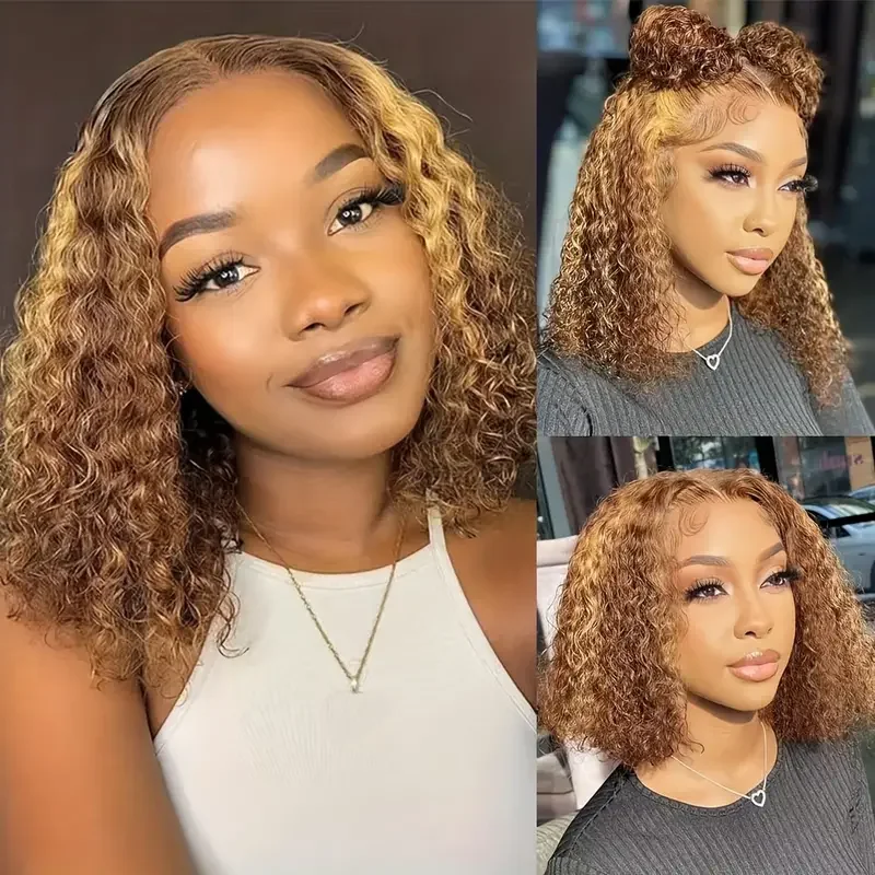 

250 Density 13x4 Curly Bob Wig Highlight Ombre Transparent Lace Frontal Wig 4#27 Brown Deep Wave Human Hair Wigs