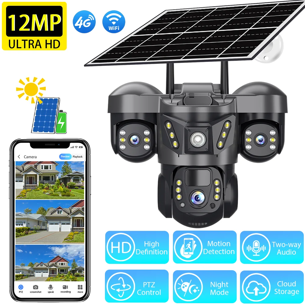 

12MP HD Three Lens Surveillance Camera Outdoor Wireless Solar Powered PTZ Security Camera Motion Tracking CCTV Camera 360° View