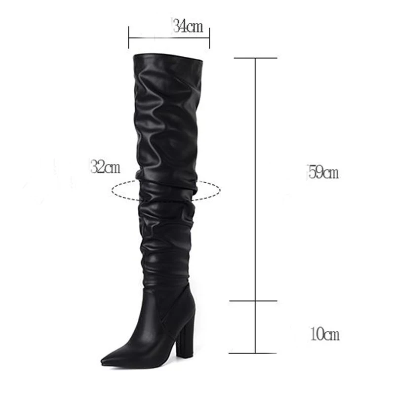 ORCHA LISA Fashion Female Thigh Boots Pointed Toe Thick Heels 10cm Pleated Slip On Extended Size 42 43 Sexy Party Dating Booties
