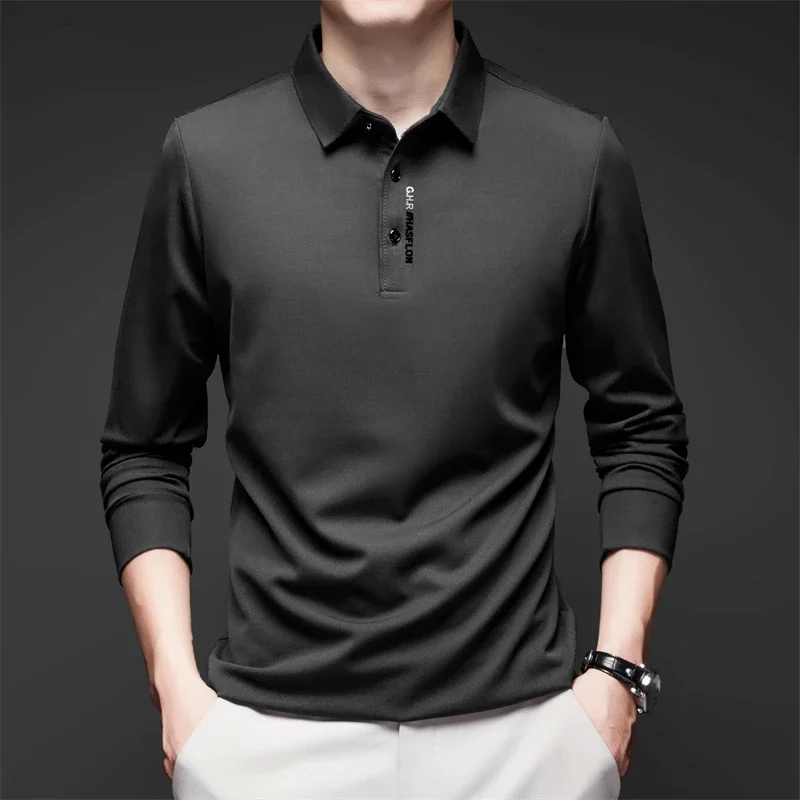 New Men\'s Business Casual Long Sleeved Shirt with Badge Solid Color Polo Shirt Fashionable Breathable Comfortable Versatile Top