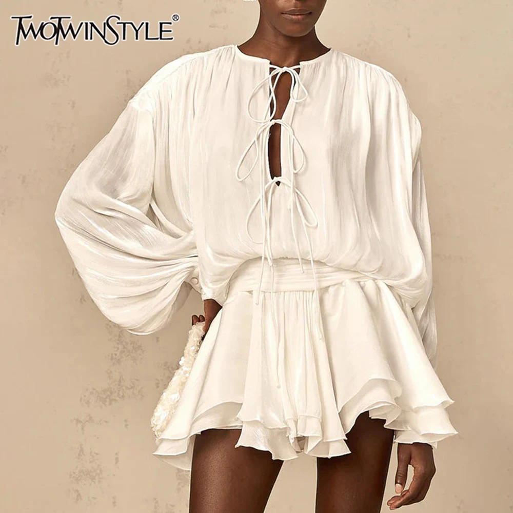 

TWOTWINSTYLE Solid Loose Spliced Ruffles Folds Mini Dresses for Women Round Neck Long Sleeve Patchwork Lace Up Dress Female New