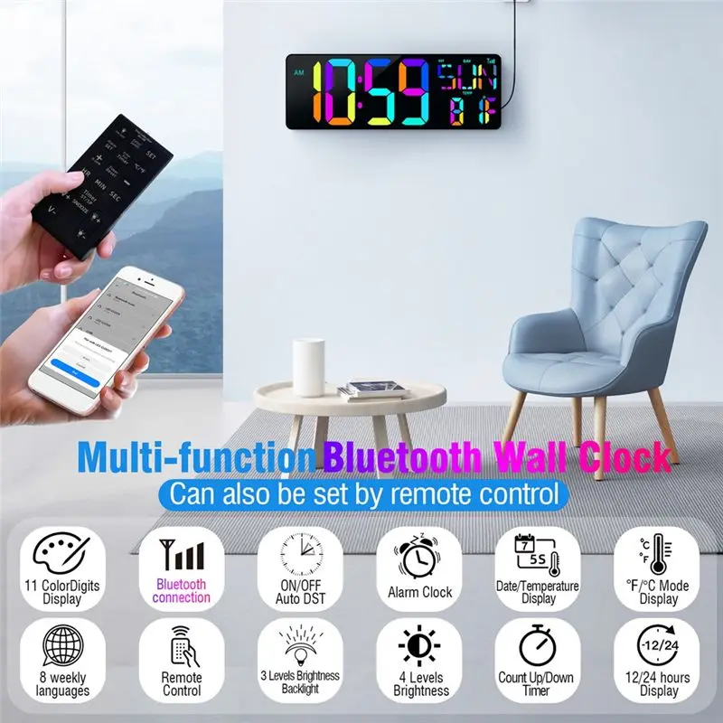 A95D-ساعة حائط رقمية كبيرة 16.5 "بلوتوث مزامنة الوقت التلقائي Led ساعة رقمية عرض 11 RGB ألوان ساعة التقويم الرقمي الاتحاد الأوروبي P