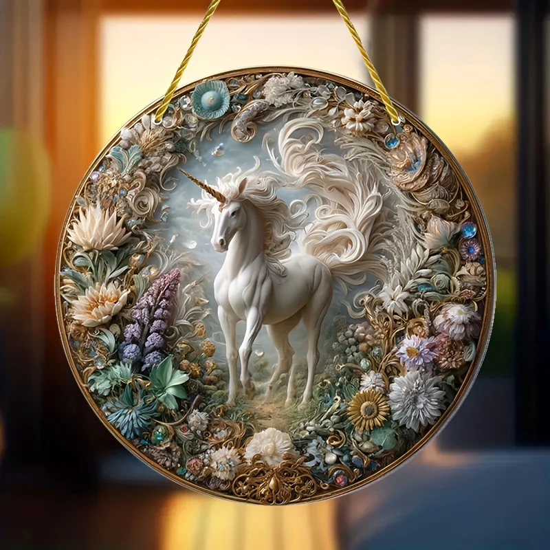 Glam Acrylic Unicorn Sun Catcher Round Plaque-Wall Hanging Decorative Sign with Animal Theme- Art for Home,Bedroom,Window Decor