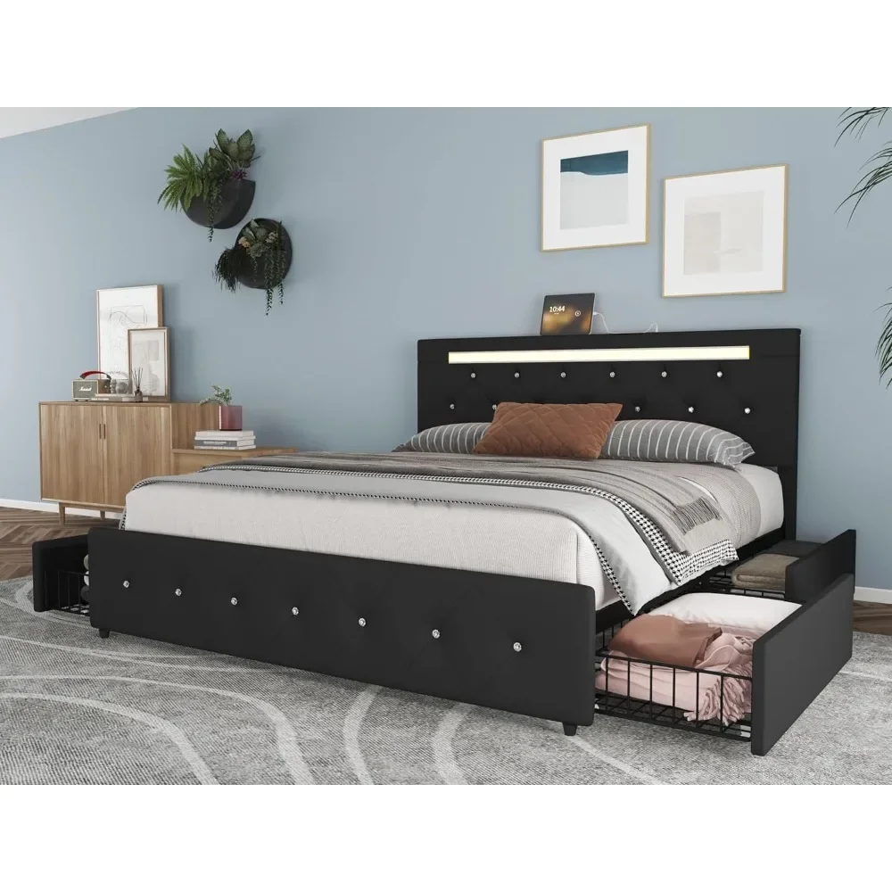 

LED Queen Bed Frame with Storage Drawer, 2 Sockets and 2 USB Ports, Headboard with PU Leather Upholstered, Queen Bed Frame