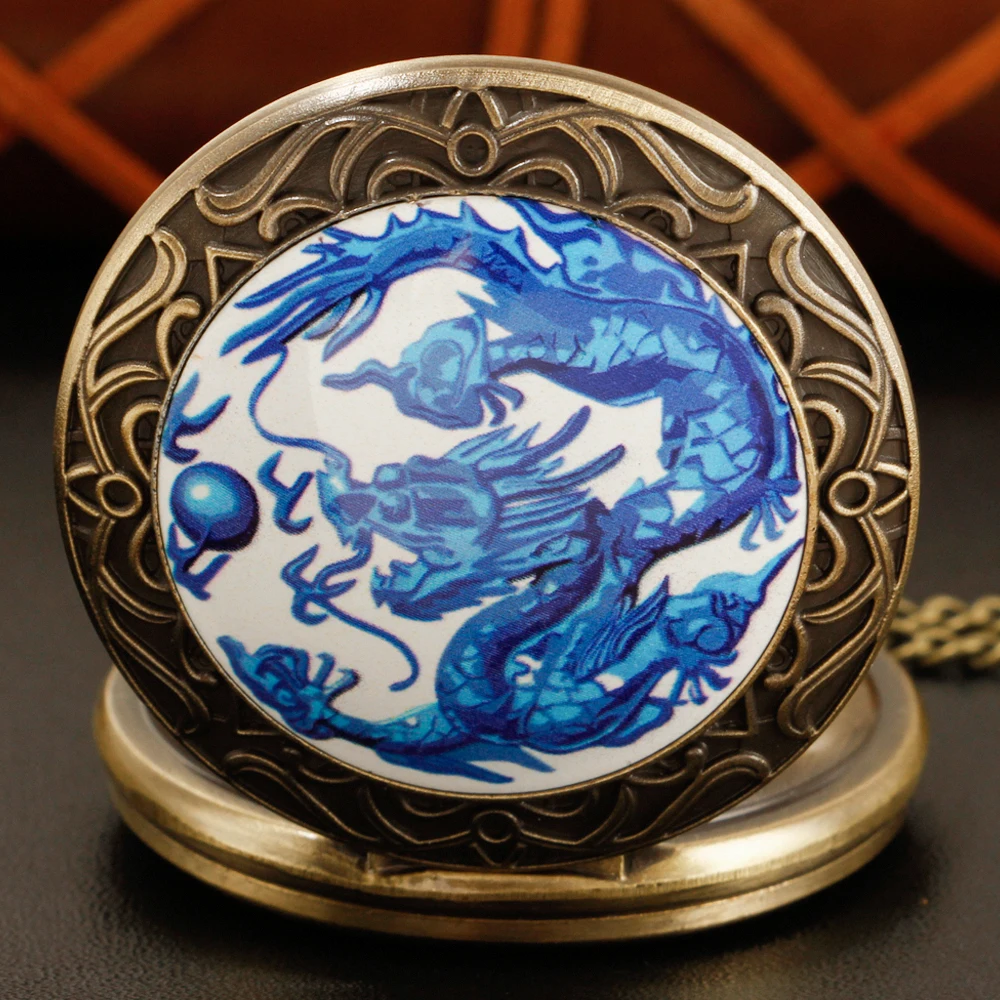 Bronze Chinese Large Size Blue Flying Dragon Quartz Pocket Watch Vintage Round High Quality Steel Necklace Pendant Jewelry Gift