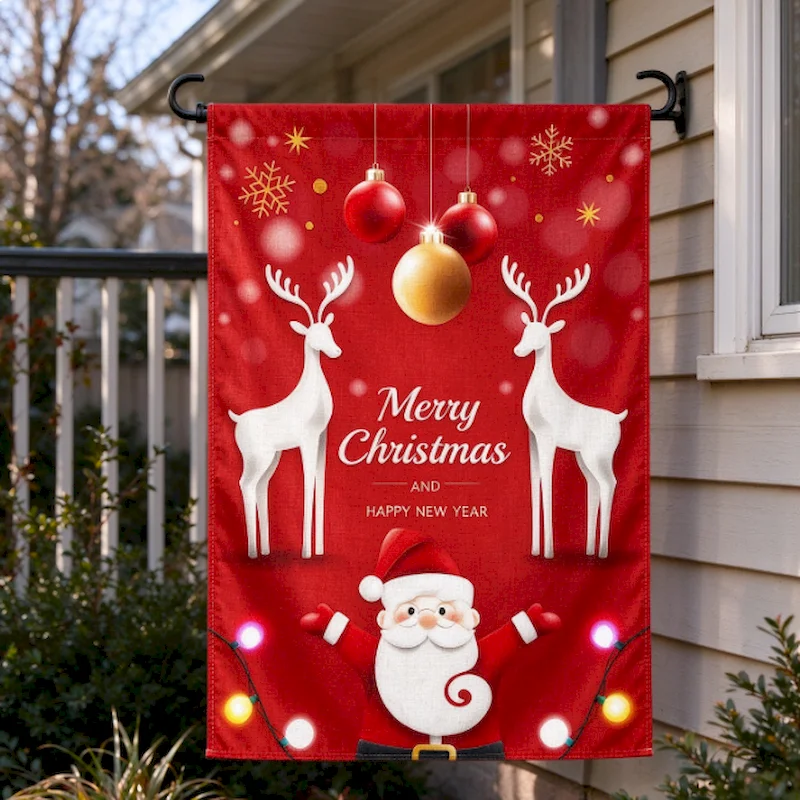 VIKAMA Merry Christmas New Year Garden Flag, White Reindeer Santa Lights Outdoor Yard Hanging Decor, Xmas Flag