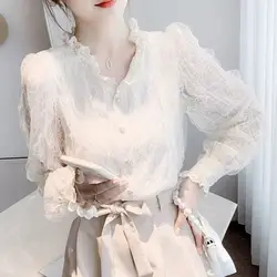 Spring Autumn French Style Niche Top for Women with A Sweet Gentle Design Lace Shirt Fairy Long Sleeved Chiffon Shirt