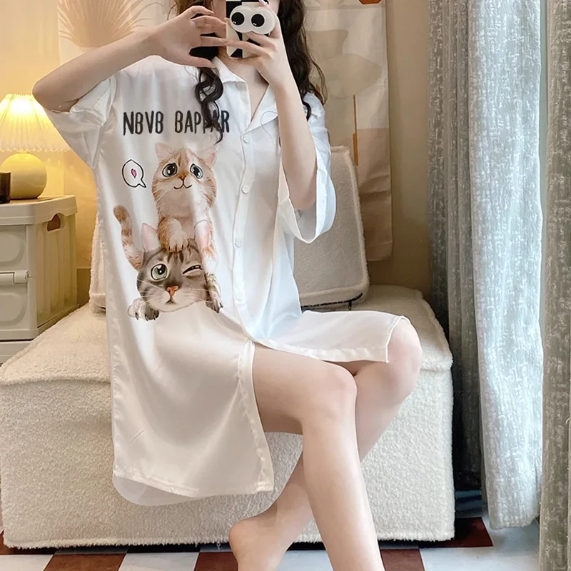 Summer Cardigan Women Pajamas Popular Free Styles for Girls Loose and Lazy Sleepwear Casual Home Dress Woman Nightgown