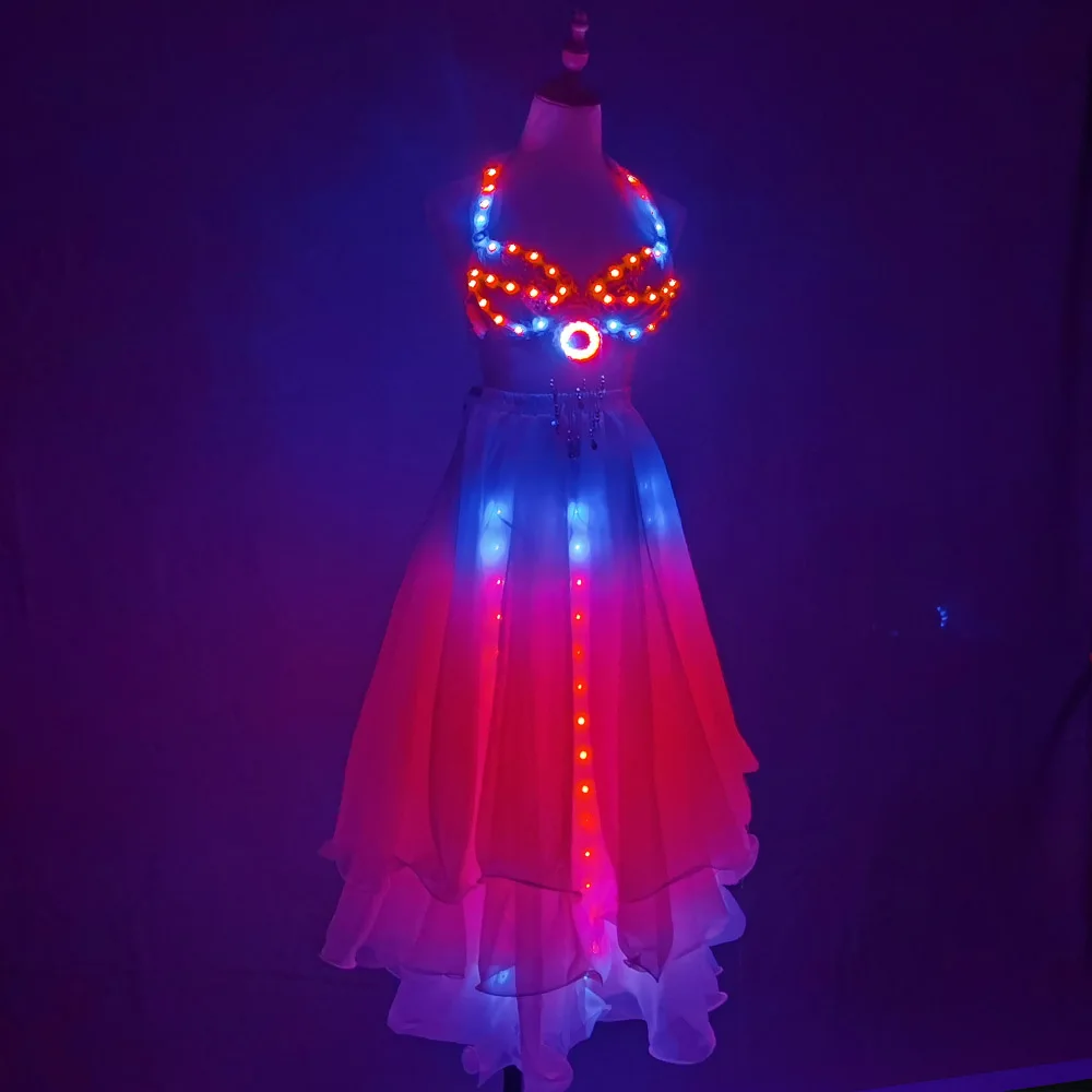 LED Kleur Lichten Vrouwen Buikdans Split Rok Sexy Professionele Buikdans Training Kleding Dansen Kostuums