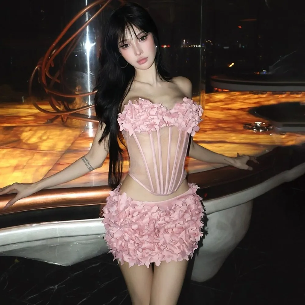 Kliou Fluffy Design 2 Piece Set Woman Lace Patchwork Wrap Chest Backless Tank Tops+Ruched Mini Skirts Sweet Girls Y2K Style Suit