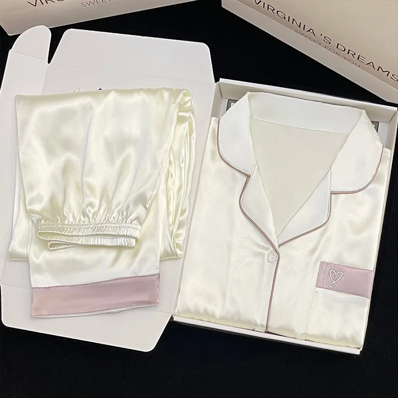 

Корейский минималистичный женский пижамный комплект в стиле Ins Fashion, новый, из ледяного шелка, для весны и осени, с длинными рукавами и длинными брюками