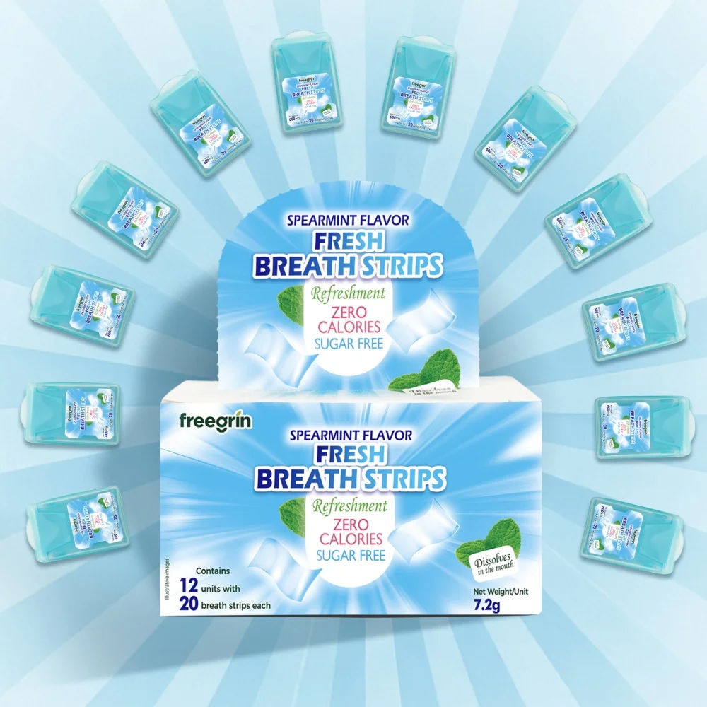 FREEGRIN Spearmint Flavored Fresh Breath Strips Portable Strips Kissing Mouth Fresh Breath Tablets Instant Dissolve Oral Strips view 6
