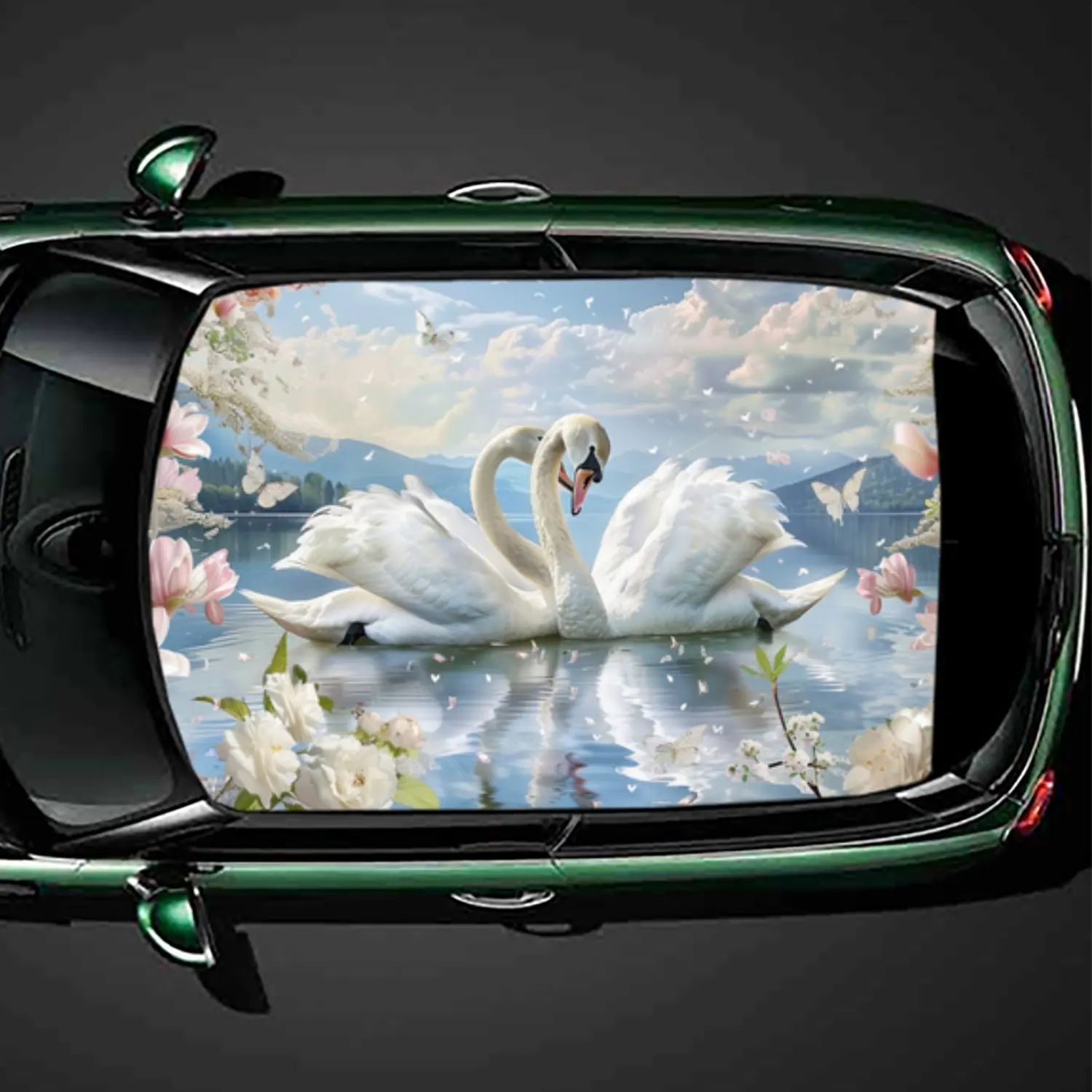 

Swan Lake Romantic PVC Car Roof Vinyl Wrap, Self-Adhesive Waterproof Automotive Sticker, Anti-Scratch Decorative Film for Sedan/