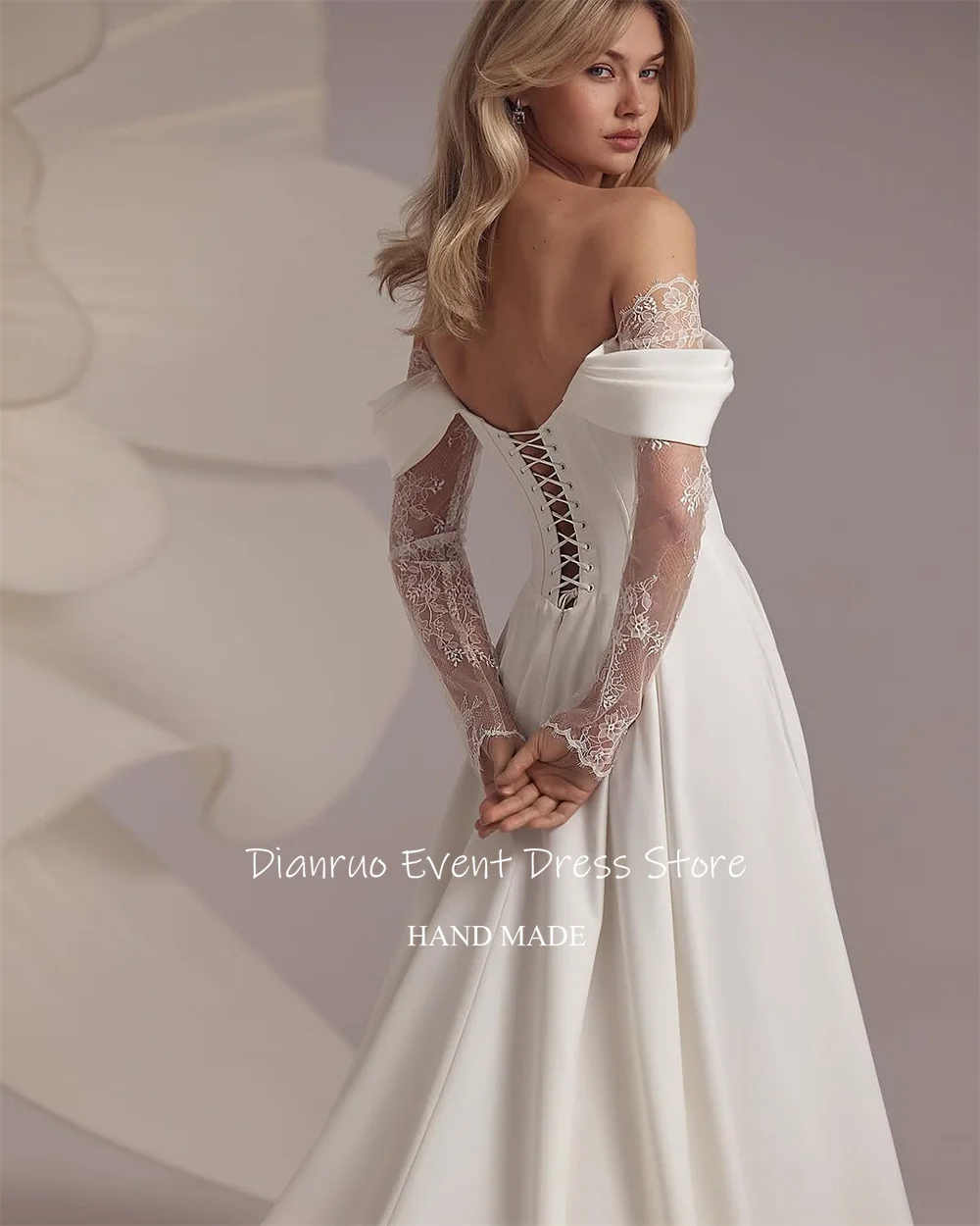 Dianruo tribunal trem apliques vestido de casamento cetim renda vestido de noiva fora do ombro alta fenda vestido de noite romântico personalizado