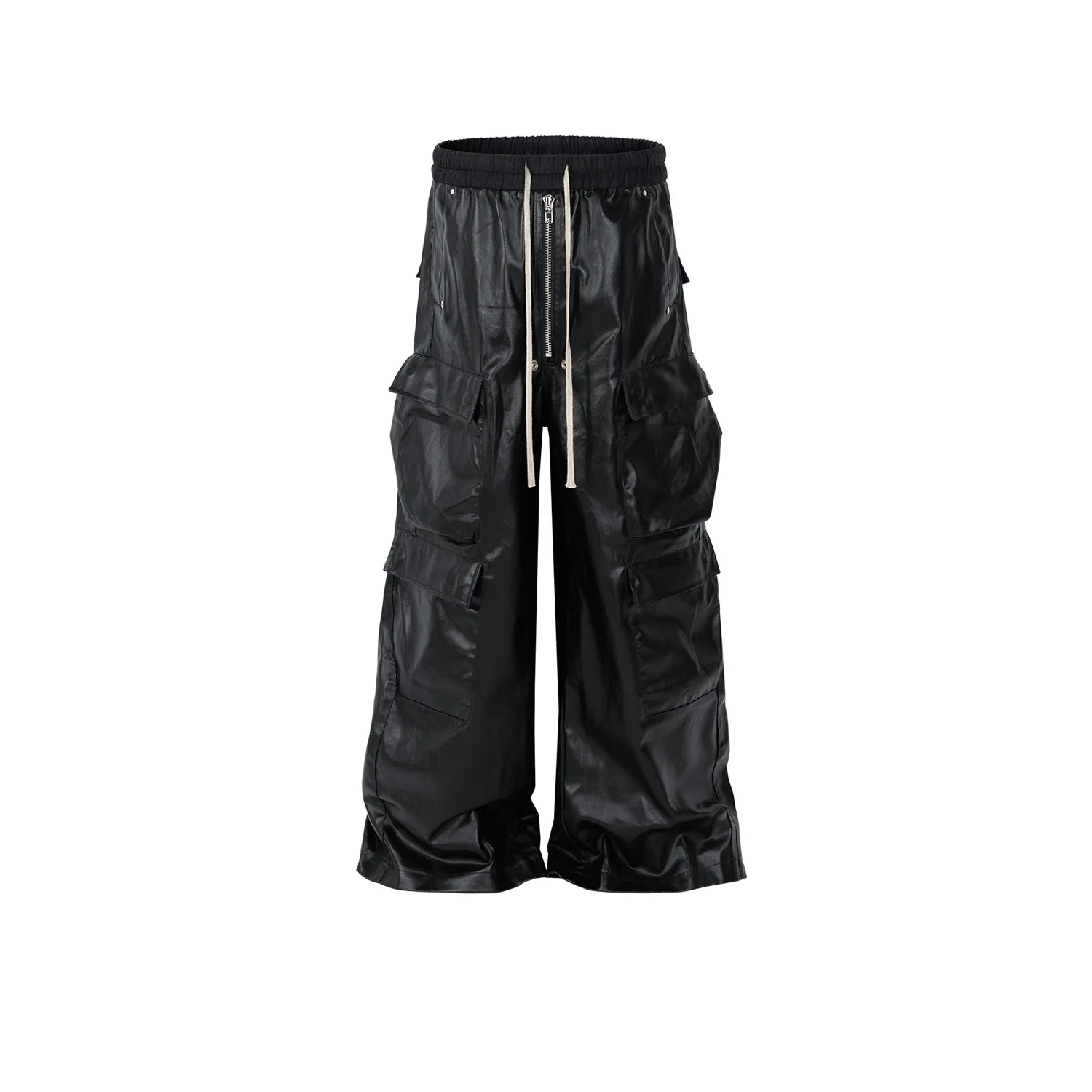 Style Matte PU Leather Pants for Men High Street Y2k Pantalones Hombre Baggy Overall Wide Leg Drawstring Cargo Pants