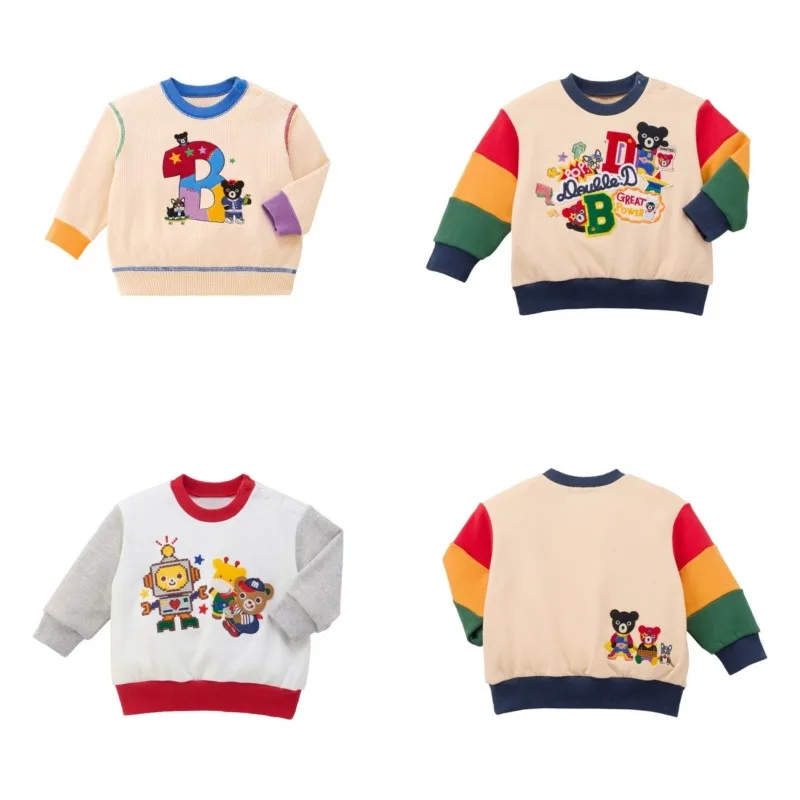 Japanese Boys Sweatshirts Cartoon Bear Robot Color‑Block Sweatshirt Cute Boy Long Sleeve Hoodies Kids Casual Tops Autumn Clothes
