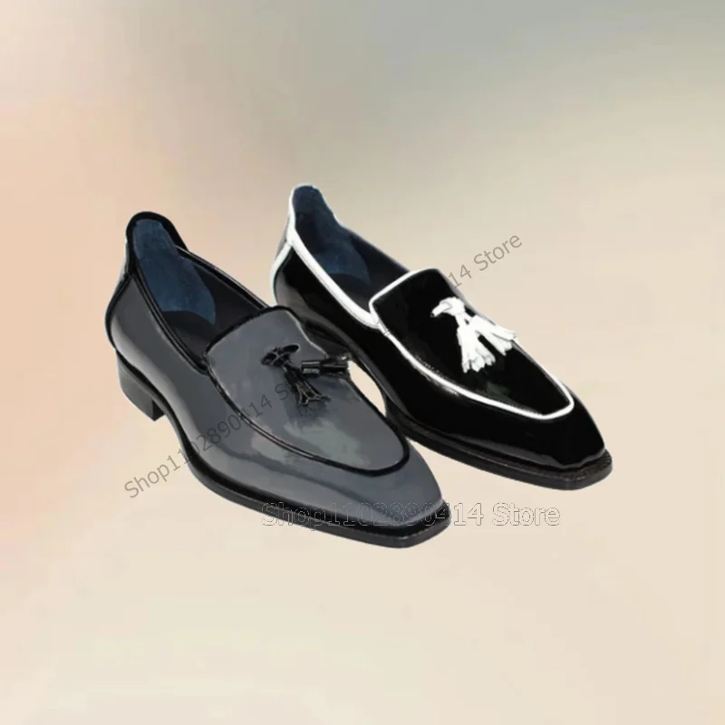 

Black Gray Blue Patent Leather Tassels Decor Loafers Fashion Slip On Men Shoes Luxurious Handmade Party Office Men Dress Shoes